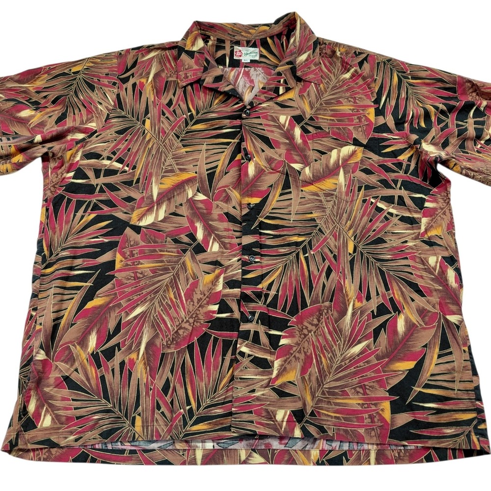 Hilo Hattie Hawaiian Shirt Mens 4XL Black Red Tropical Palm Leaf Aloha Cotton